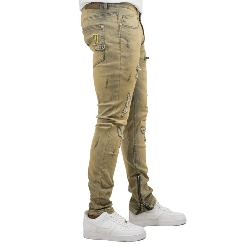 Juren Mens 42x32 Distressed Sand Wash Yellow Tint‎ Denim Jeans Zip Ankles